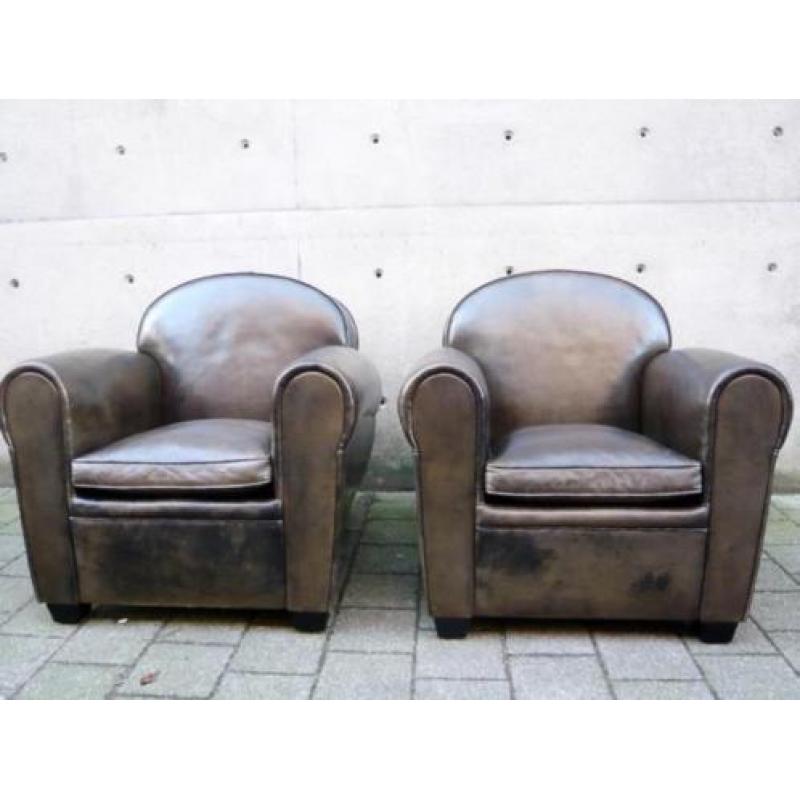 Bart van Bekhoven AD-stijl fauteuils, schapenleer.Izgs! Leer